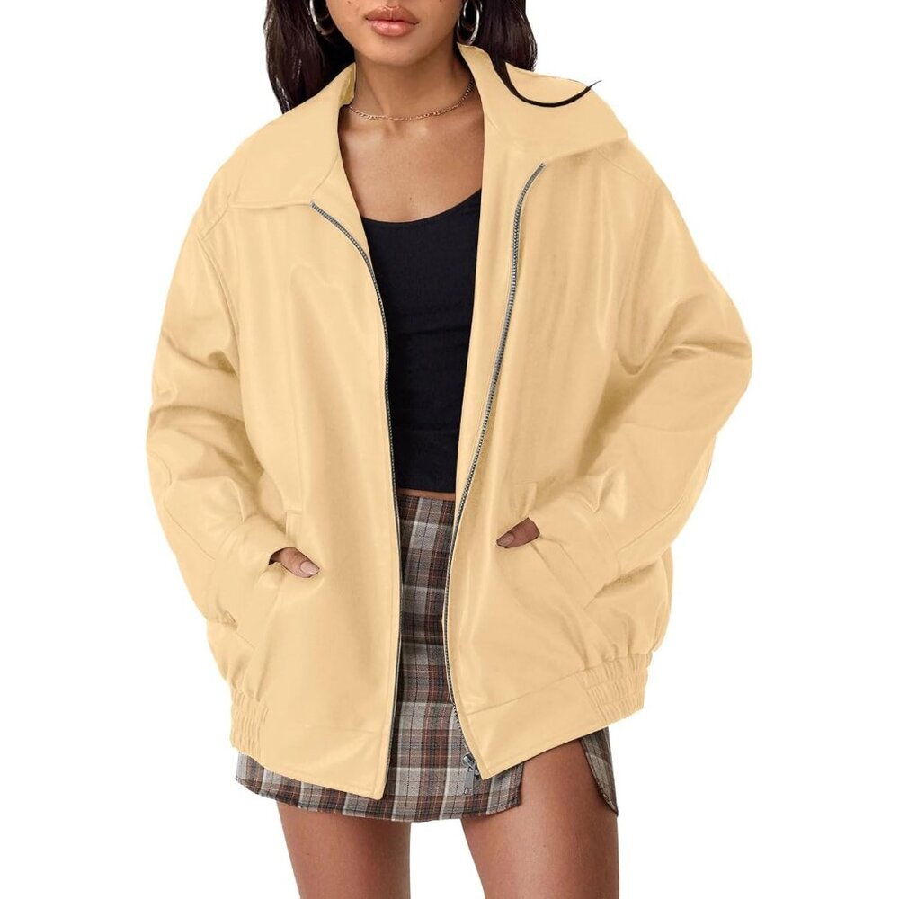 🔥 Women's Khaki Faux Leather Fall Motorcycle Coat with Zipper Oversized Jacket